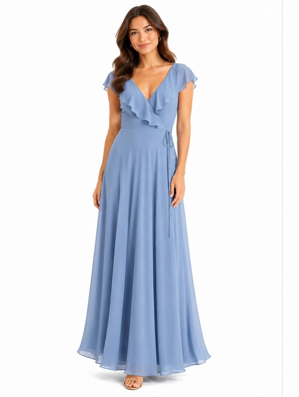 Bill Levkoff Blue Ruffle V-Neck Wrap Gown US 8